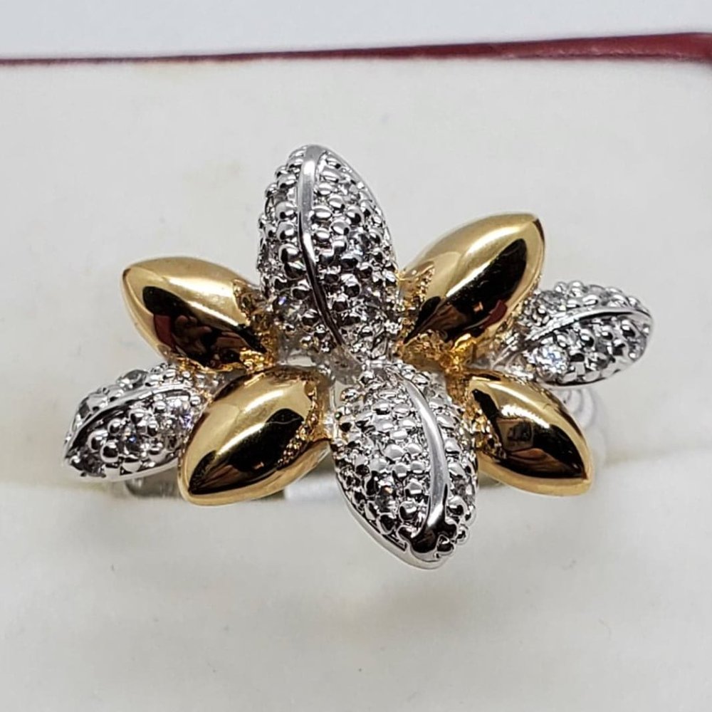 Sterling Silver 925 Rhodium and Gold-Plated Leaves CZ Ring